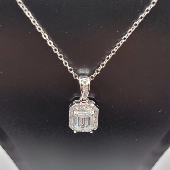 Certified 2 CT Emerald Cut Moissanite Pendant Necklace | 925 Sterling Silver - Picture 8 of 17